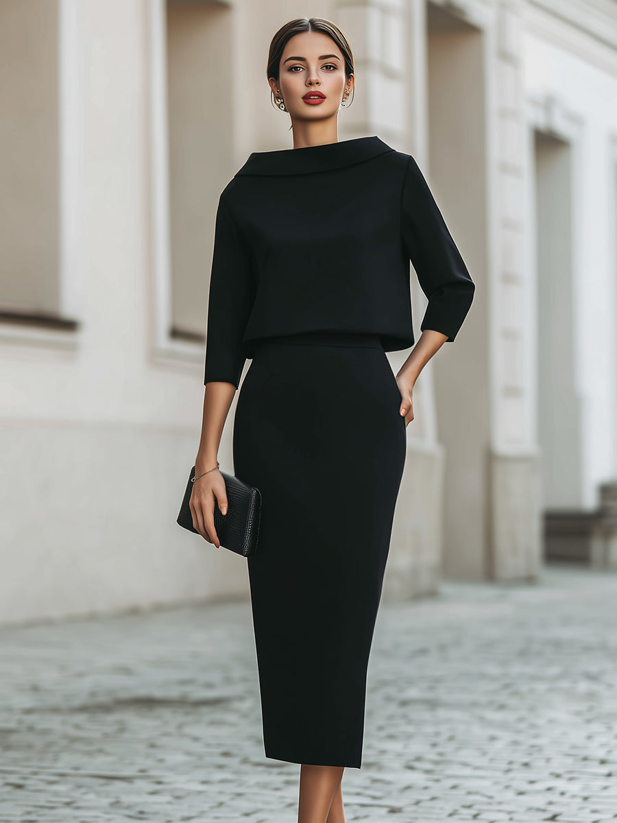 Women’s Skirt Set – Boat Neck Top, Midi Skirt