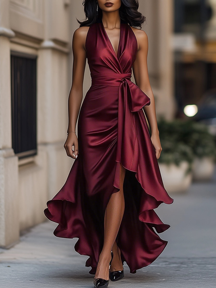 Women’s Satin Halter Maxi Dress – Wrap Waist, Ruffle Hem