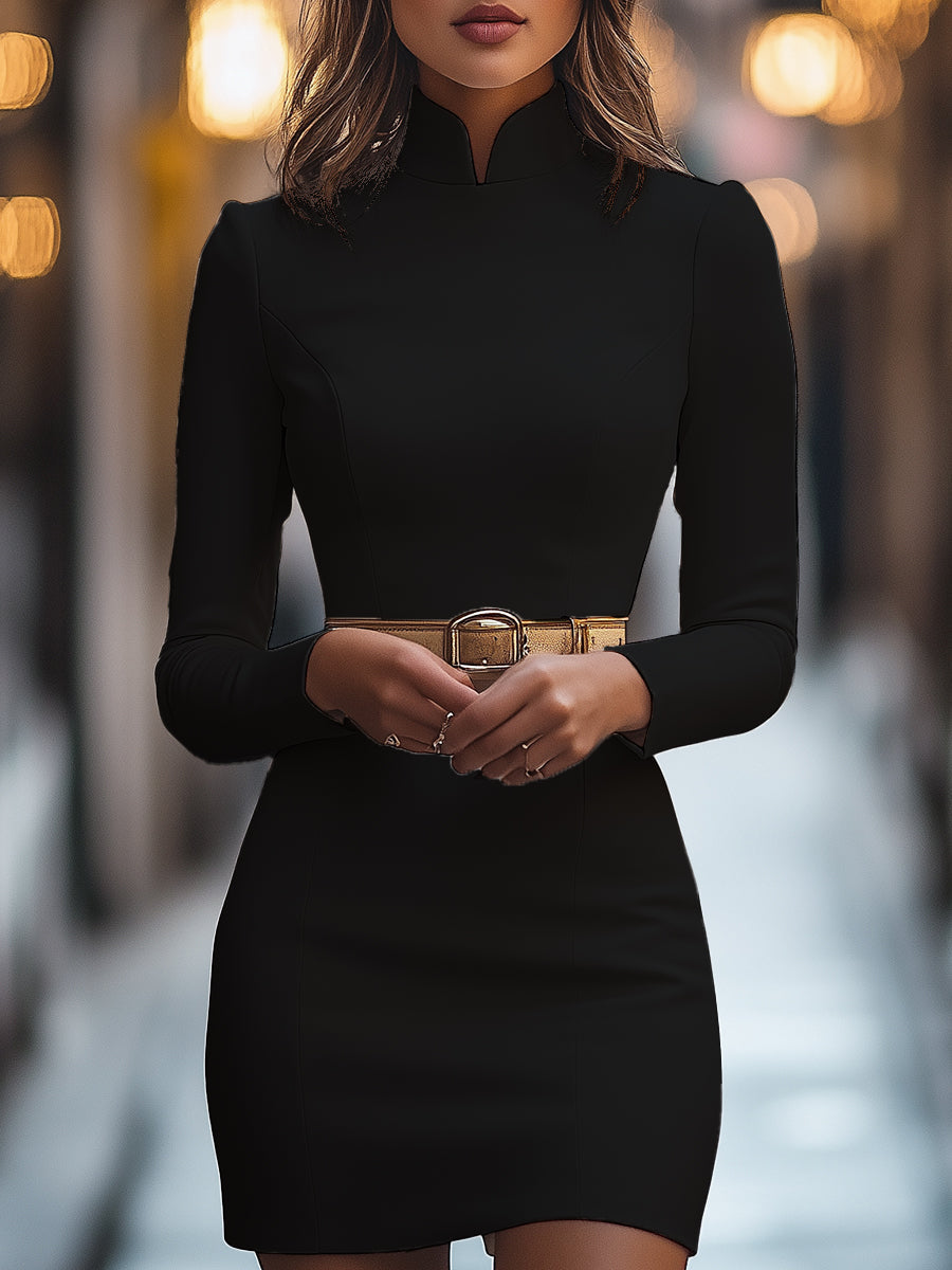 Women’s Mini Dress – Long Sleeves, Belted Waist
