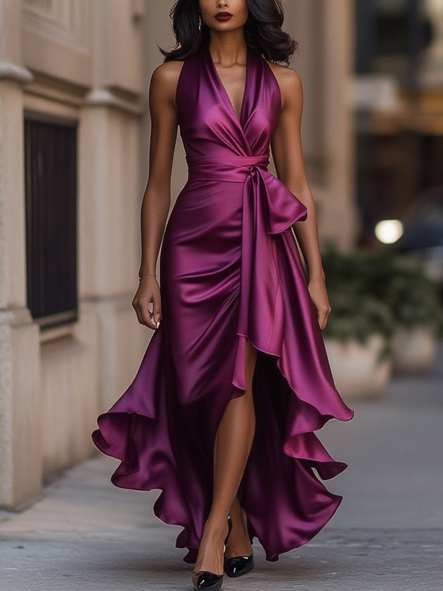 Women’s Satin Halter Maxi Dress – Wrap Waist, Ruffle Hem