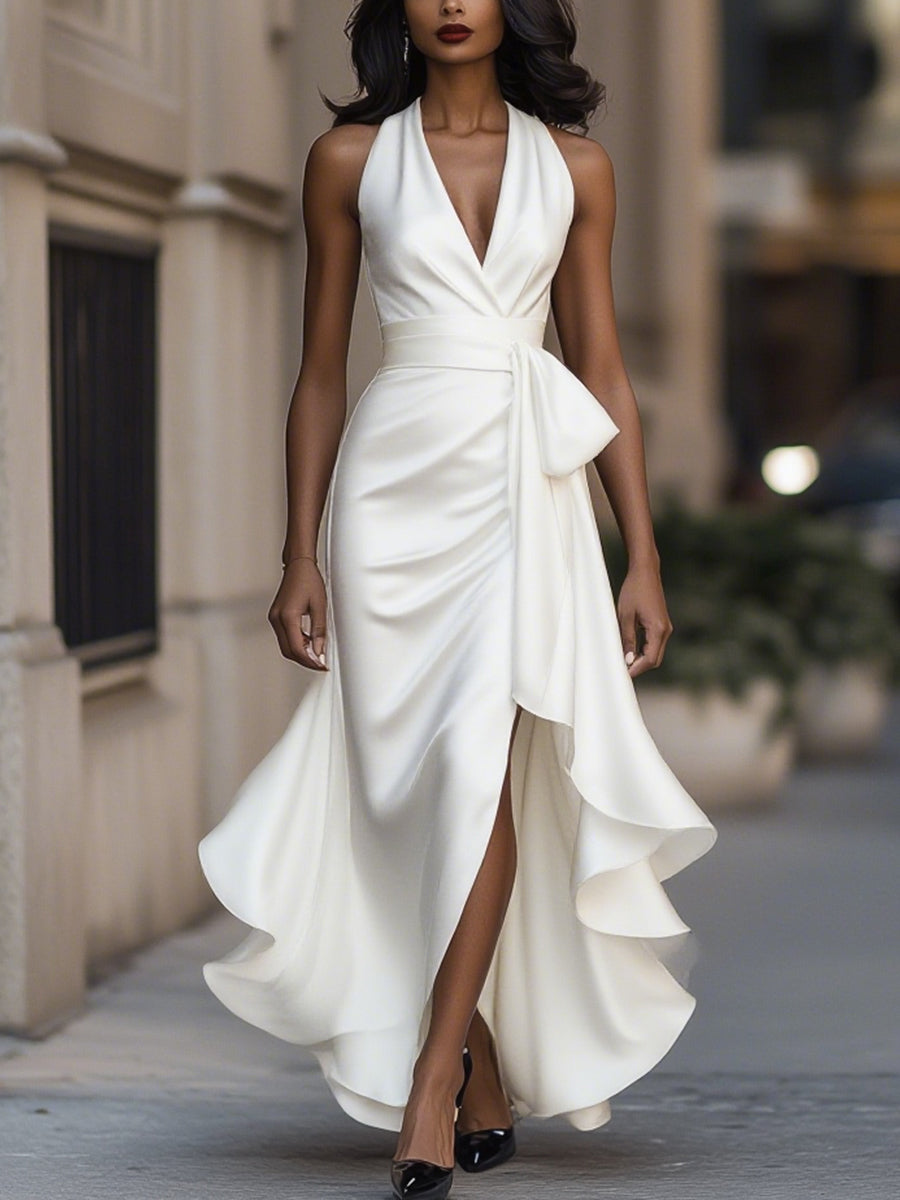 Women’s Satin Halter Maxi Dress – Wrap Waist, Ruffle Hem