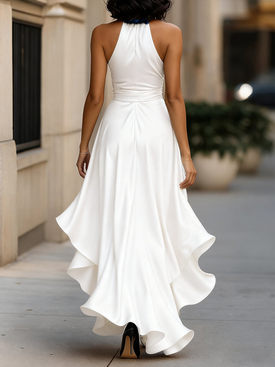 Women’s Satin Halter Maxi Dress – Wrap Waist, Ruffle Hem