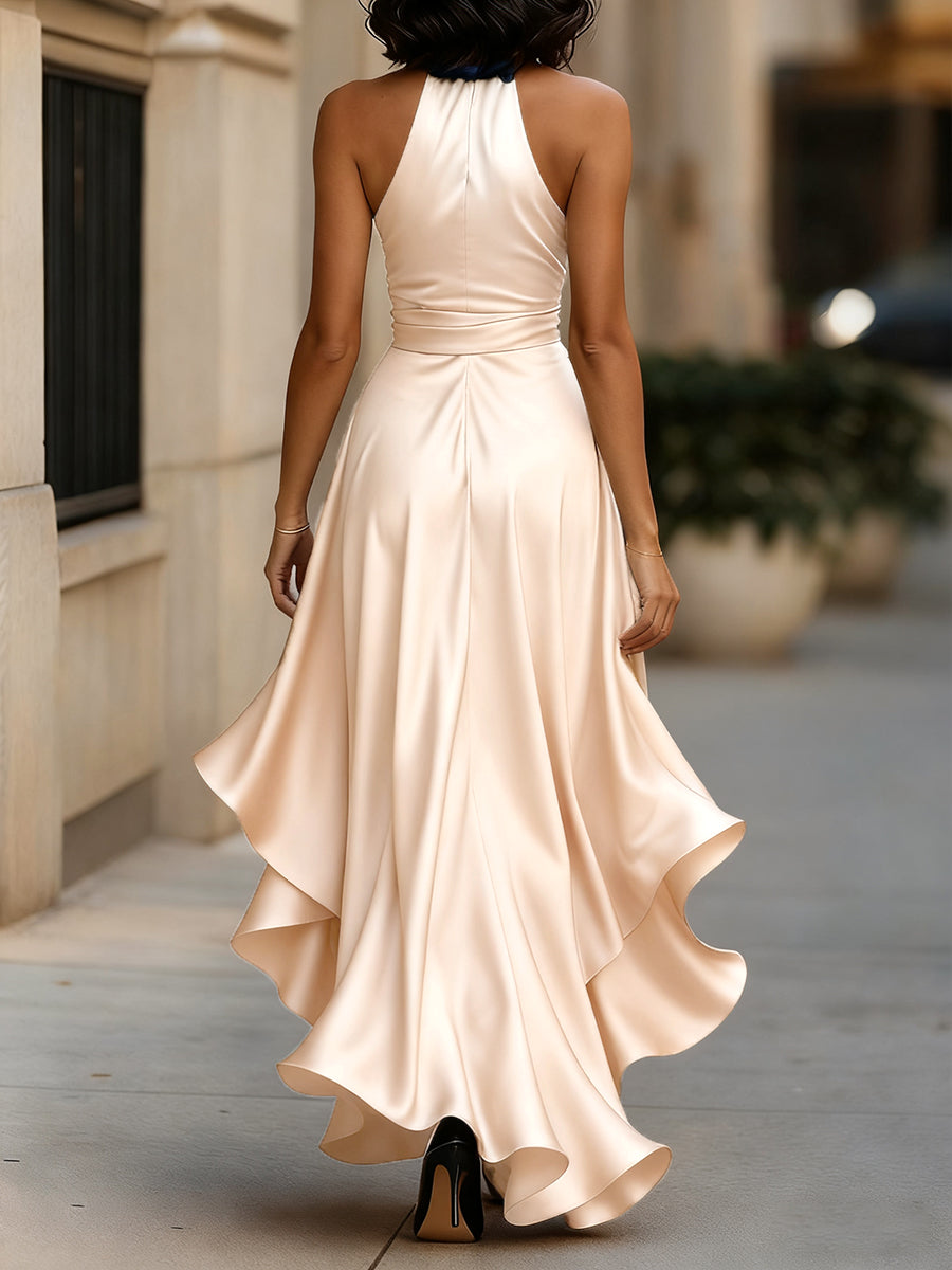 Women’s Satin Halter Maxi Dress – Wrap Waist, Ruffle Hem