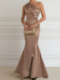 Women’s One-Shoulder Dress – Draped Fit, Long Hem