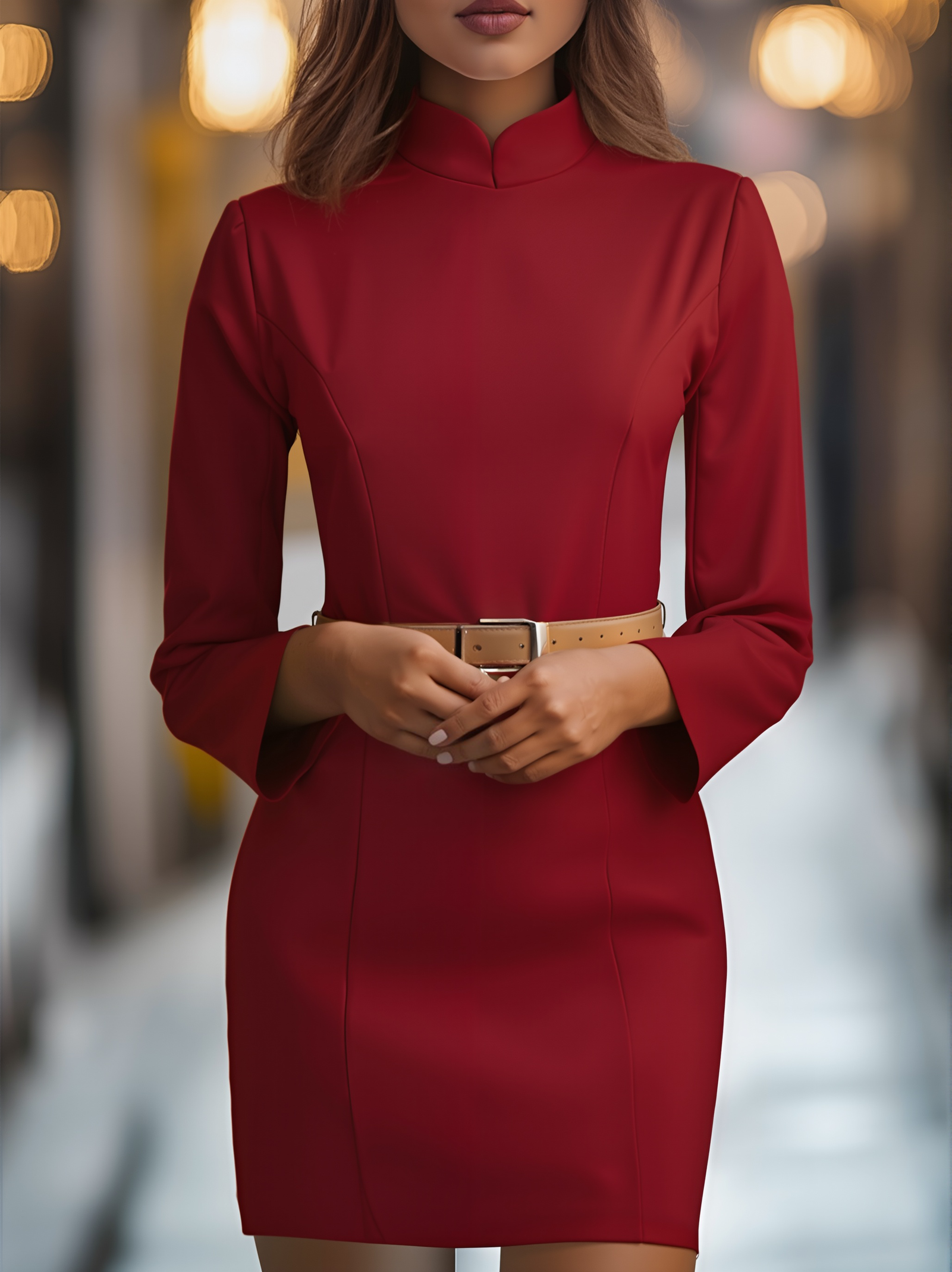 Women’s Mini Dress – Long Sleeves, Belted Waist