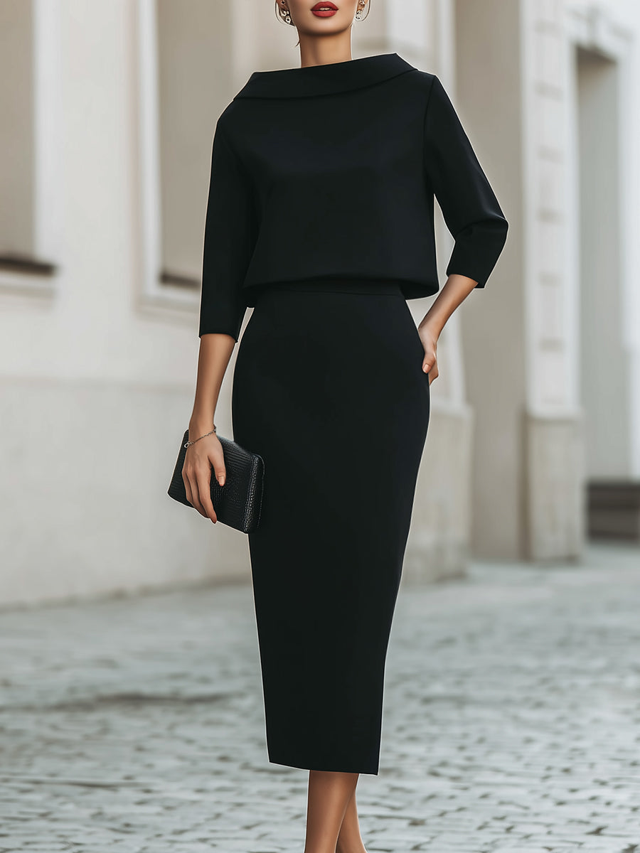 Women’s Skirt Set – Boat Neck Top, Midi Skirt