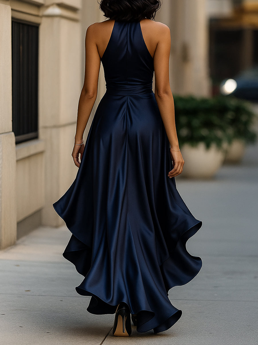Women’s Satin Halter Maxi Dress – Wrap Waist, Ruffle Hem