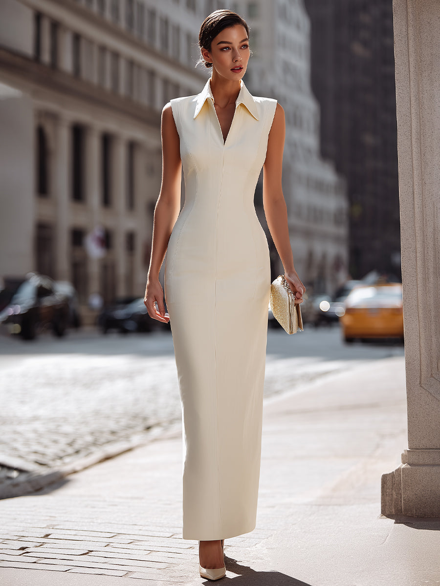 Women’s Maxi Dress – Sleeveless, Collared V-Neck