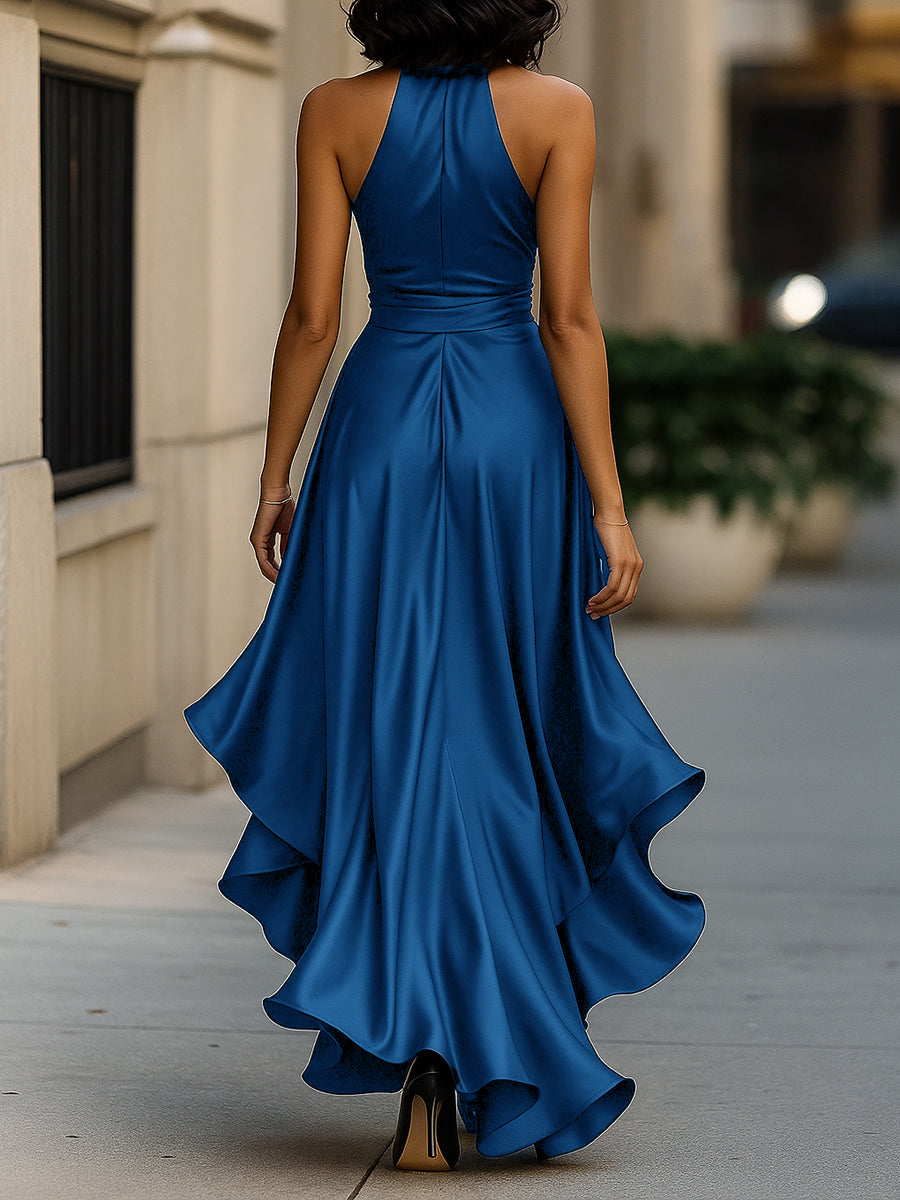 Women’s Satin Halter Maxi Dress – Wrap Waist, Ruffle Hem