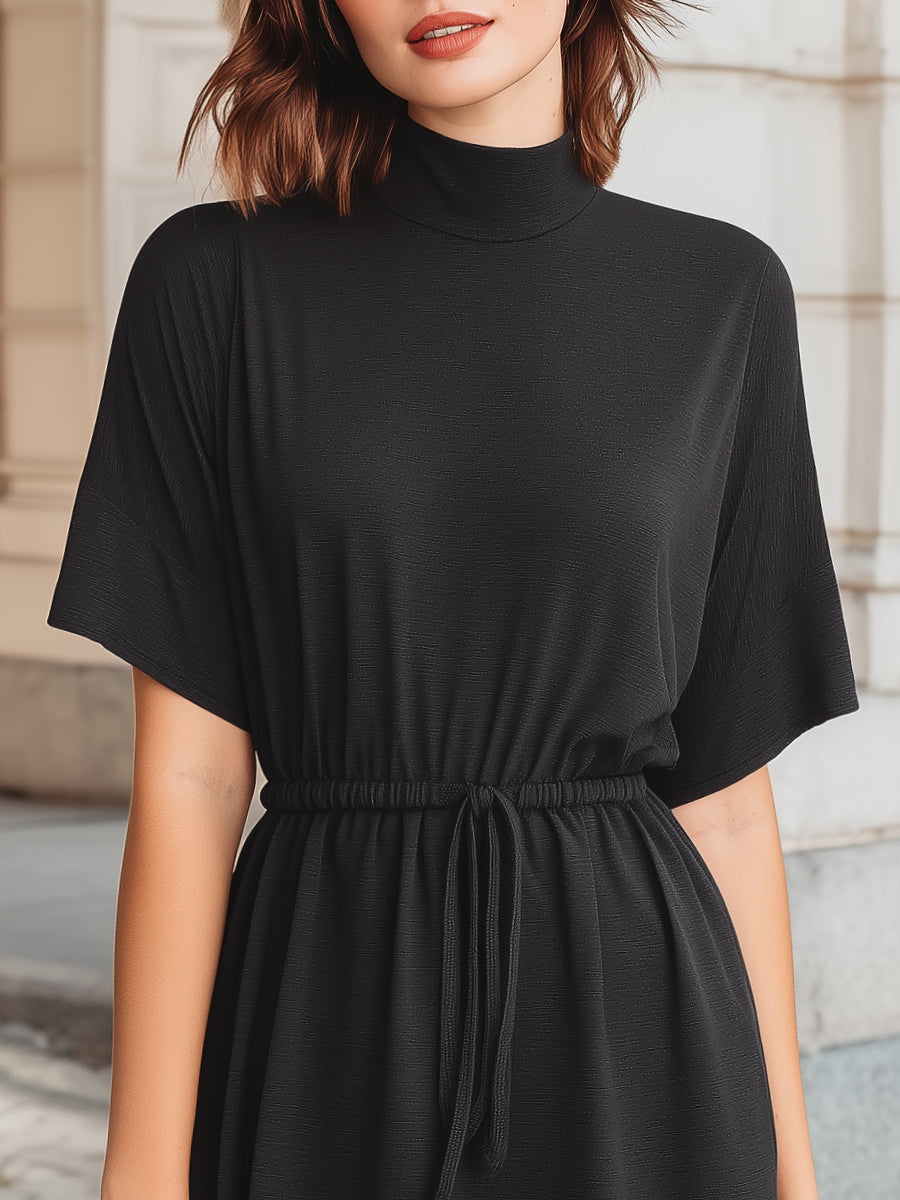 Women’s Midi Dress – Mock Neck, Drawstring Waist