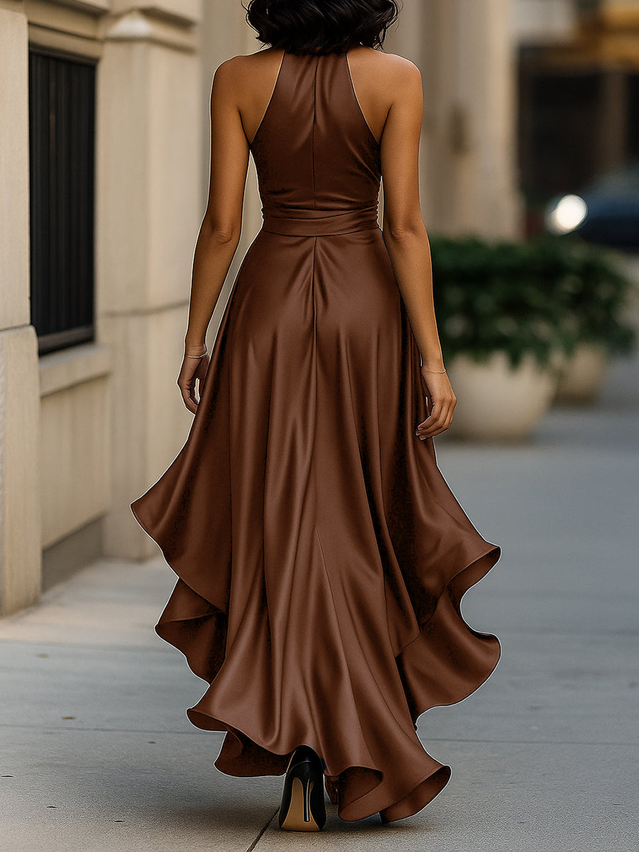 Women’s Satin Halter Maxi Dress – Wrap Waist, Ruffle Hem