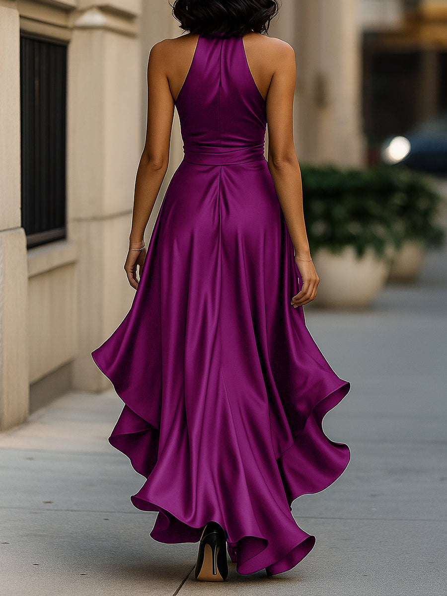 Women’s Satin Halter Maxi Dress – Wrap Waist, Ruffle Hem