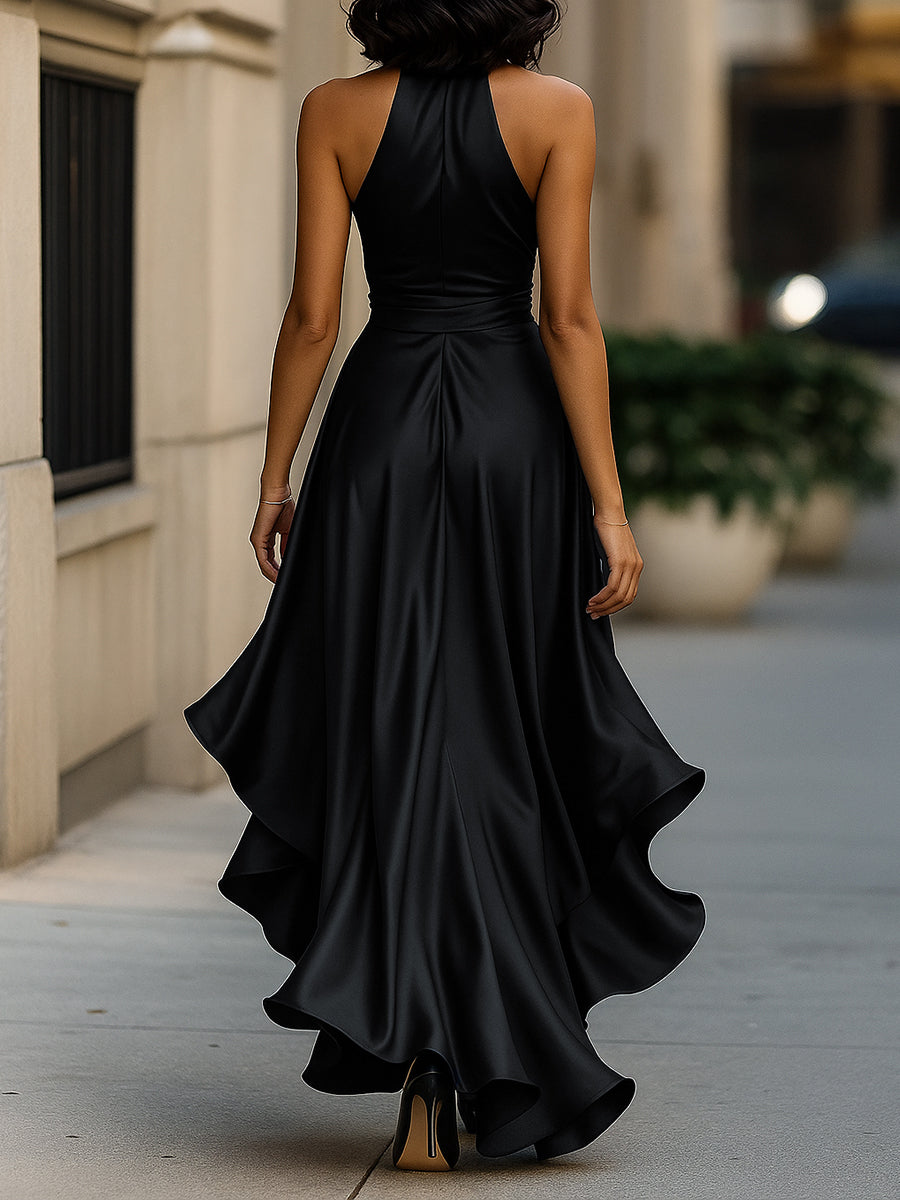 Women’s Satin Halter Maxi Dress – Wrap Waist, Ruffle Hem