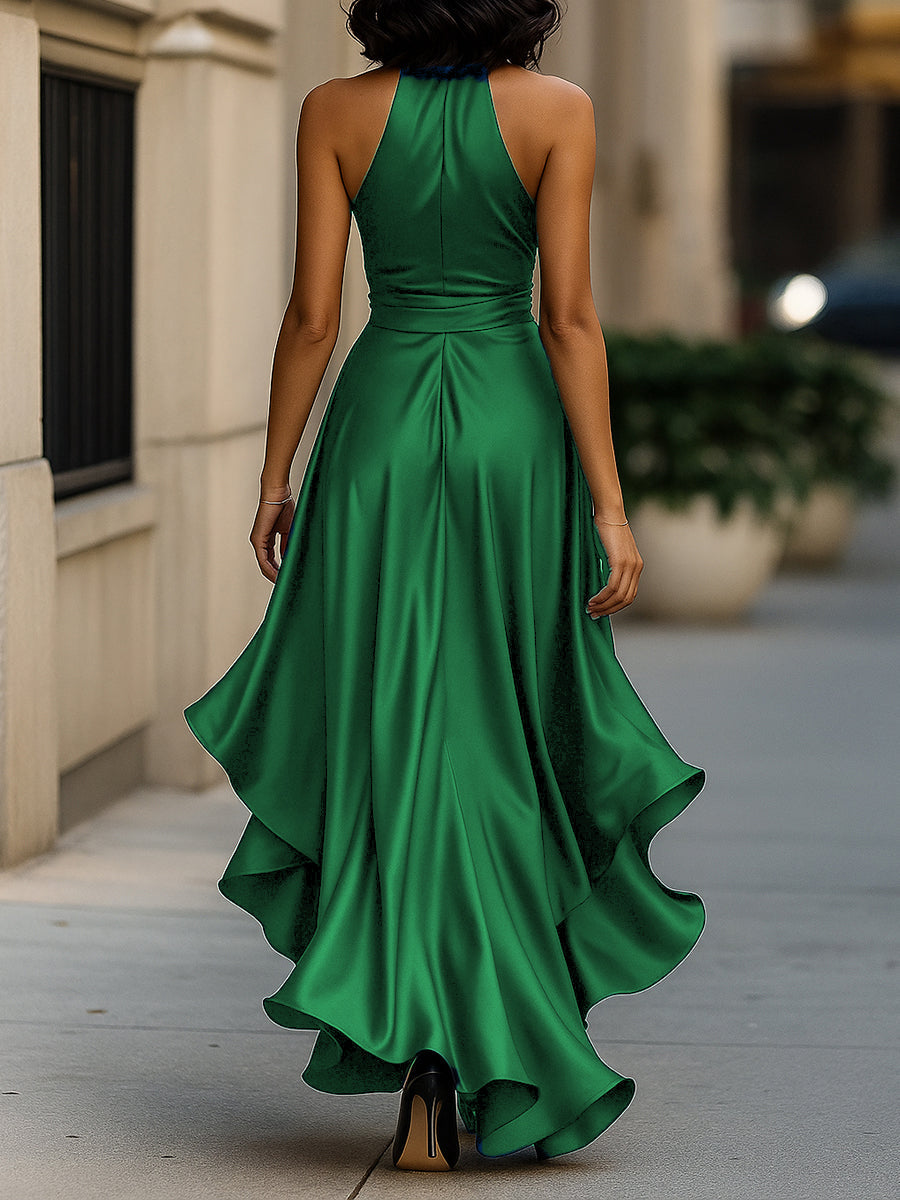 Women’s Satin Halter Maxi Dress – Wrap Waist, Ruffle Hem
