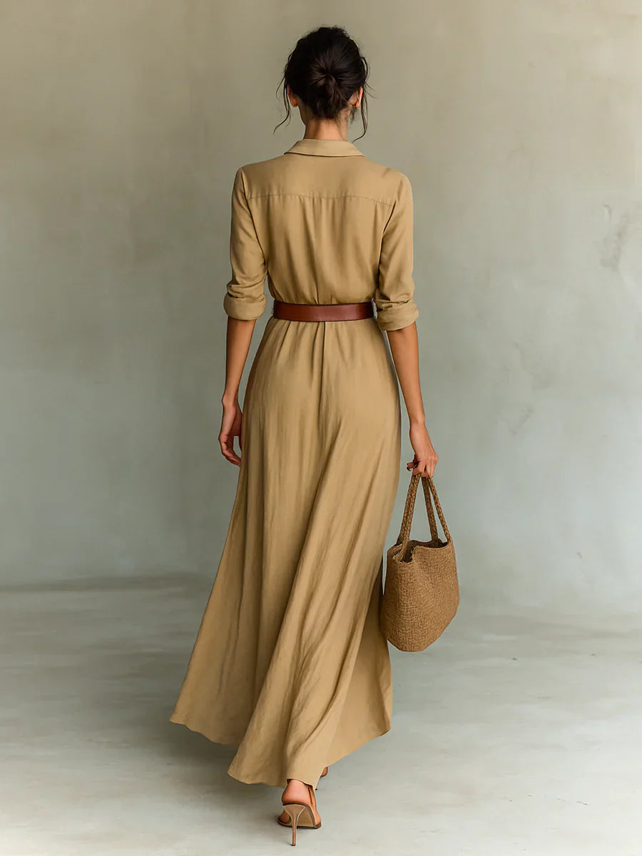 Women’s Maxi Shirt Dress – Draped Skirt, Belted Waist