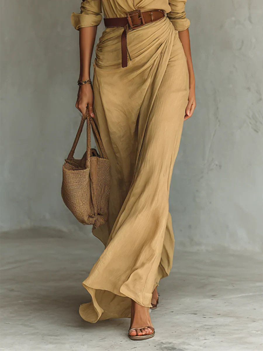 Women’s Maxi Shirt Dress – Draped Skirt, Belted Waist