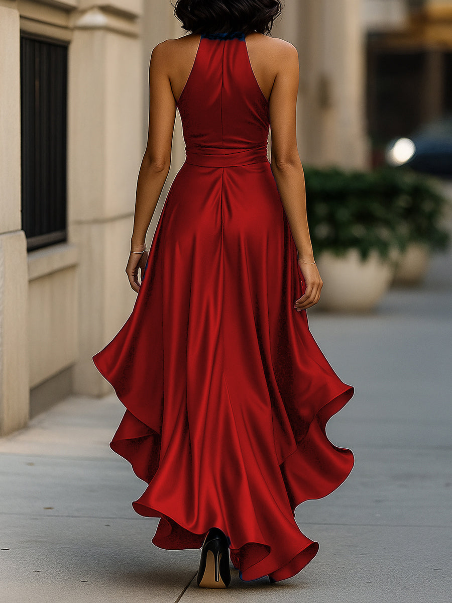 Women’s Satin Halter Maxi Dress – Wrap Waist, Ruffle Hem
