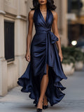 Women’s Satin Halter Maxi Dress – Wrap Waist, Ruffle Hem
