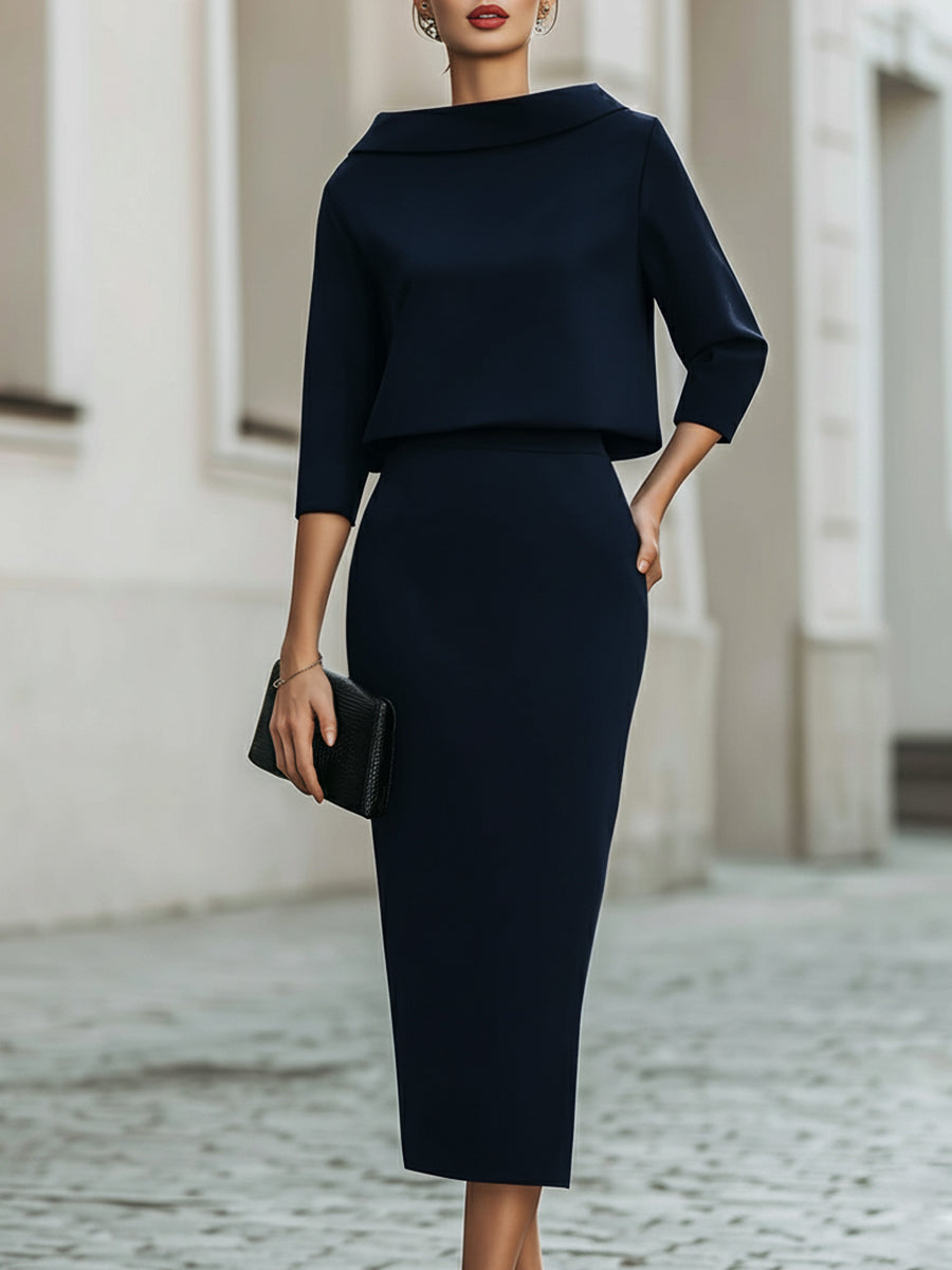 Women’s Skirt Set – Boat Neck Top, Midi Skirt