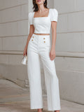 Women’s Two-Piece Set – Puff Sleeve Top, Wide Leg Pants