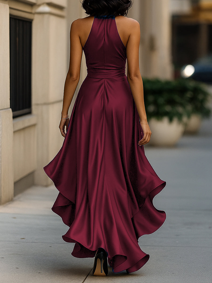 Women’s Satin Halter Maxi Dress – Wrap Waist, Ruffle Hem