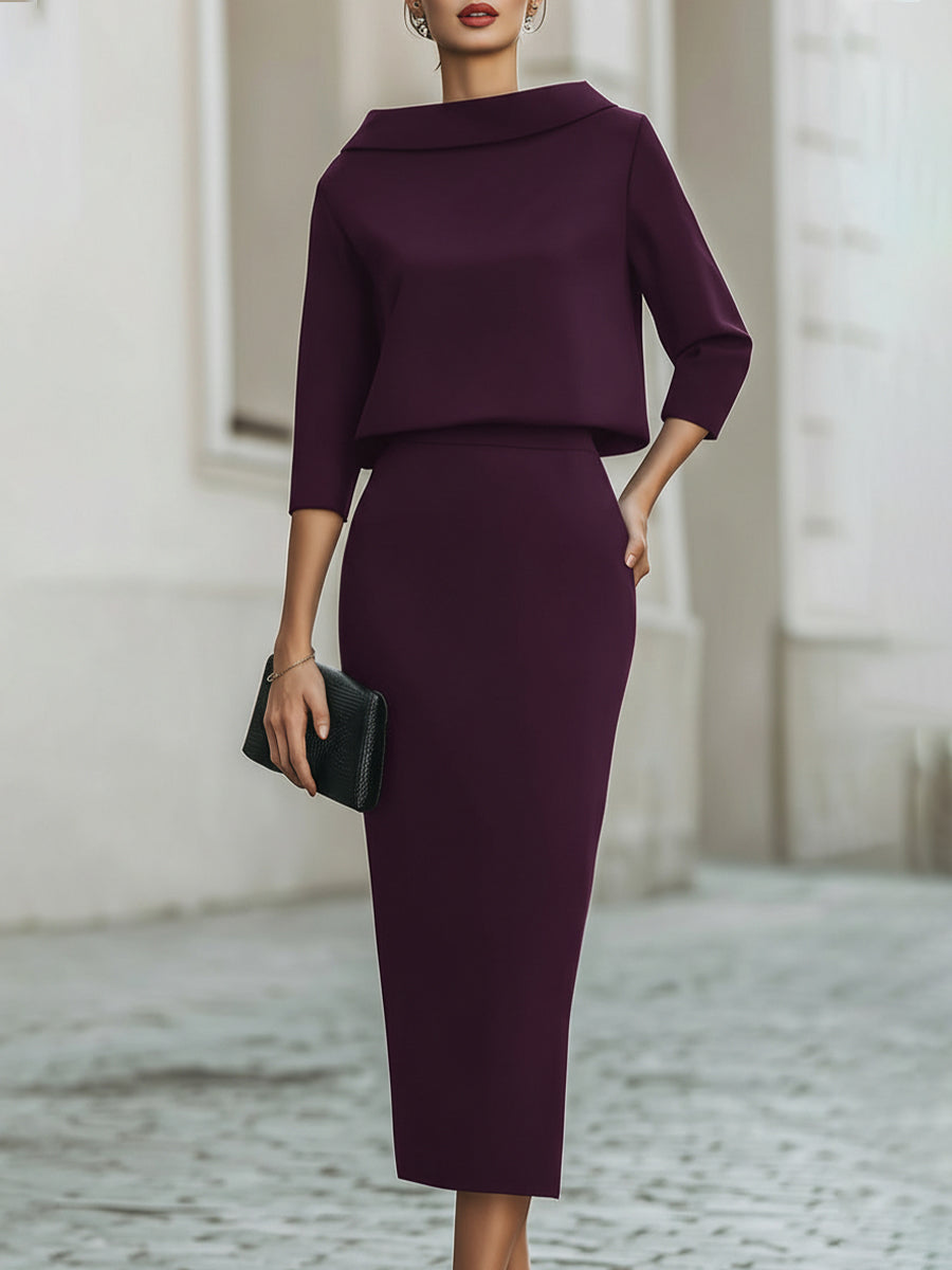 Women’s Skirt Set – Boat Neck Top, Midi Skirt