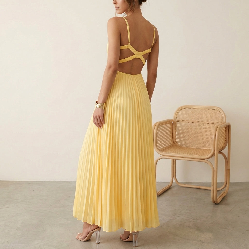 Women’s Pleated Maxi Dress – Twist-Front Bodice, Sleeveless