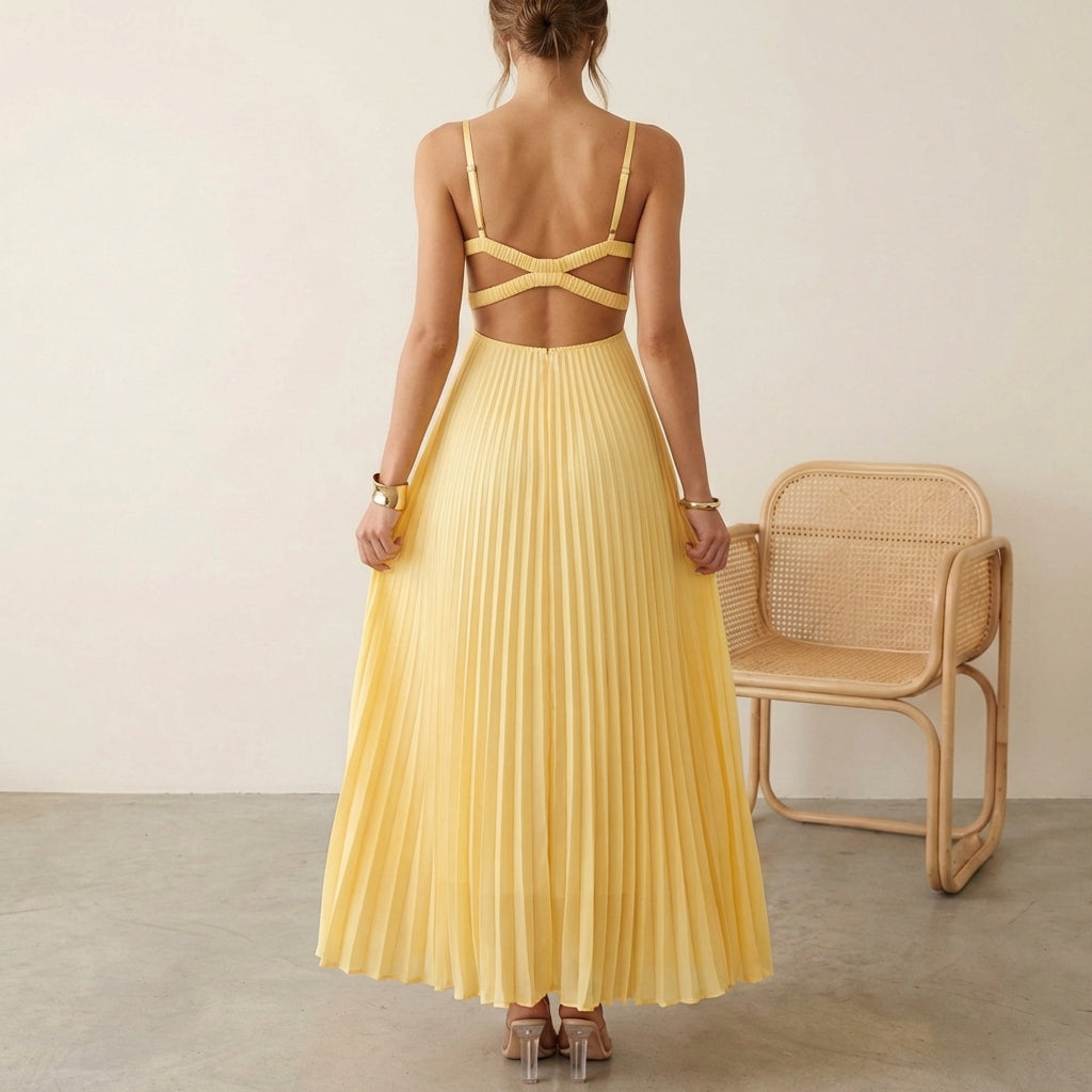 Women’s Pleated Maxi Dress – Twist-Front Bodice, Sleeveless