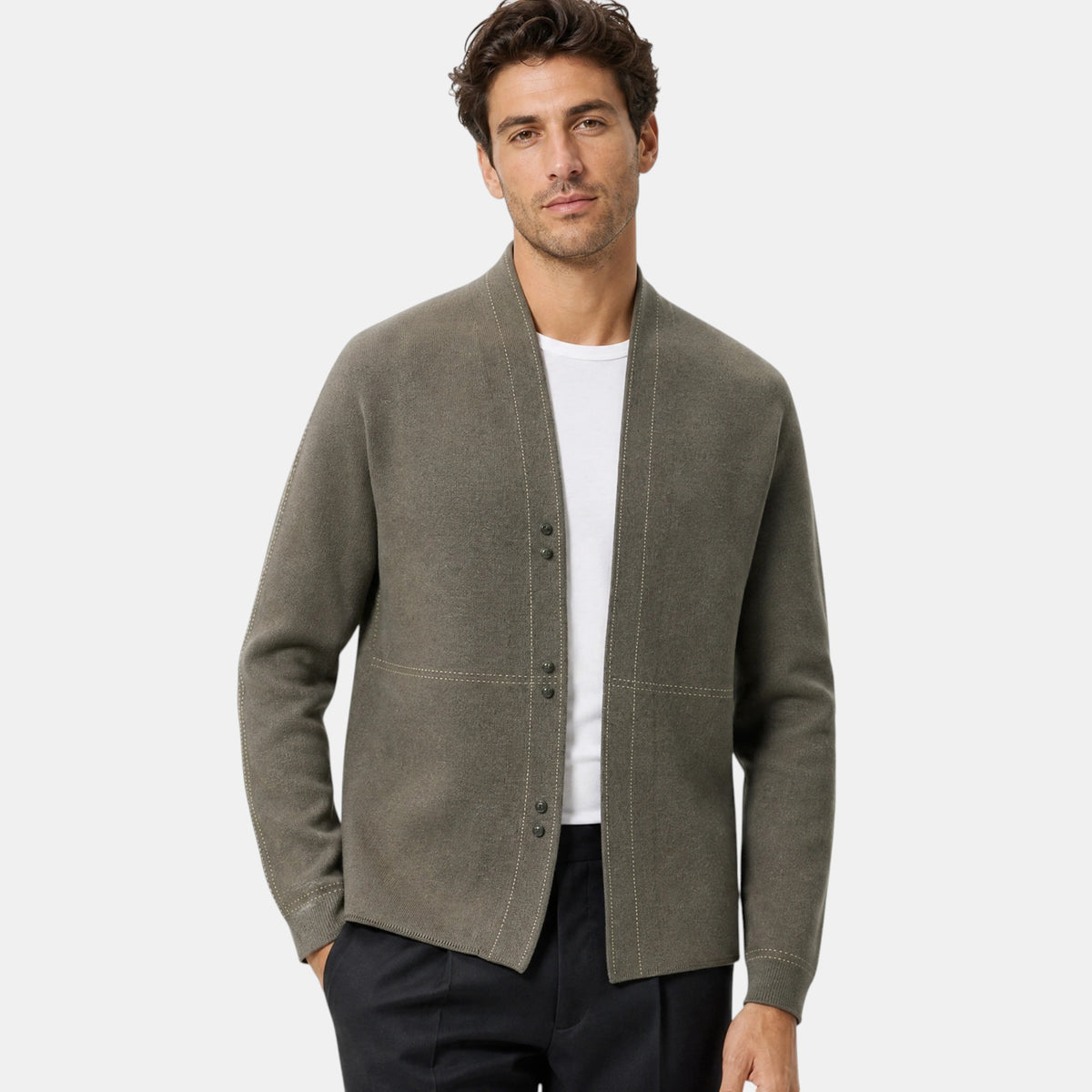 Men's Cardigan with Open Front and Contrast Stitching