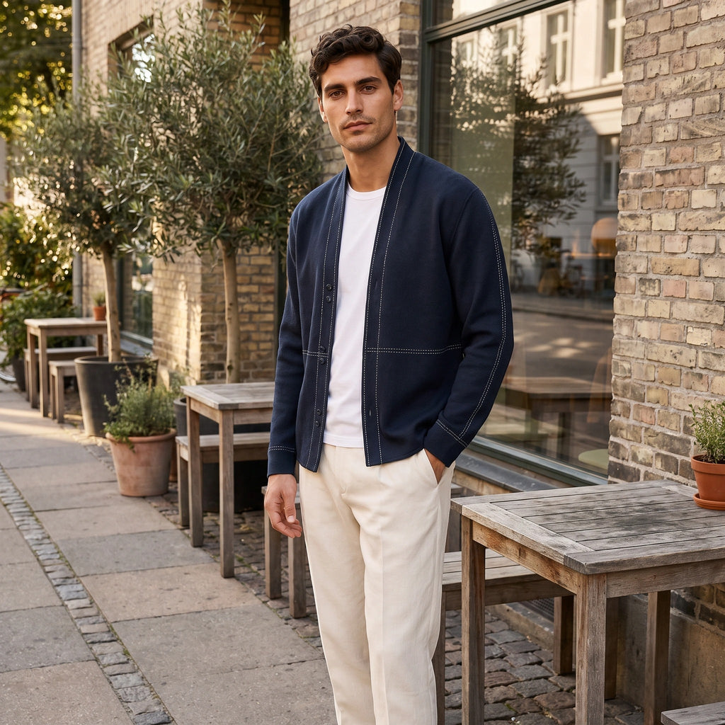 Men's Cardigan with Open Front and Contrast Stitching