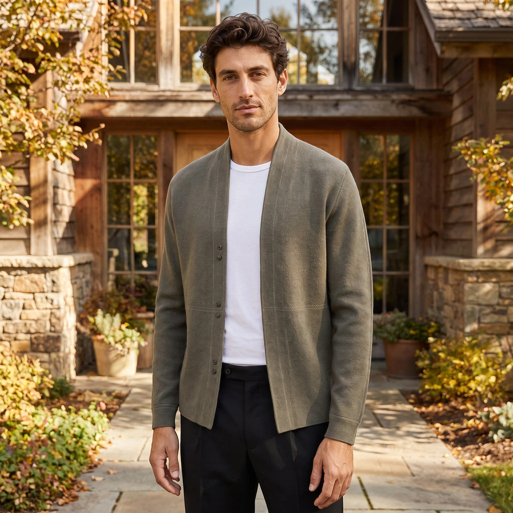 Men's Cardigan with Open Front and Contrast Stitching