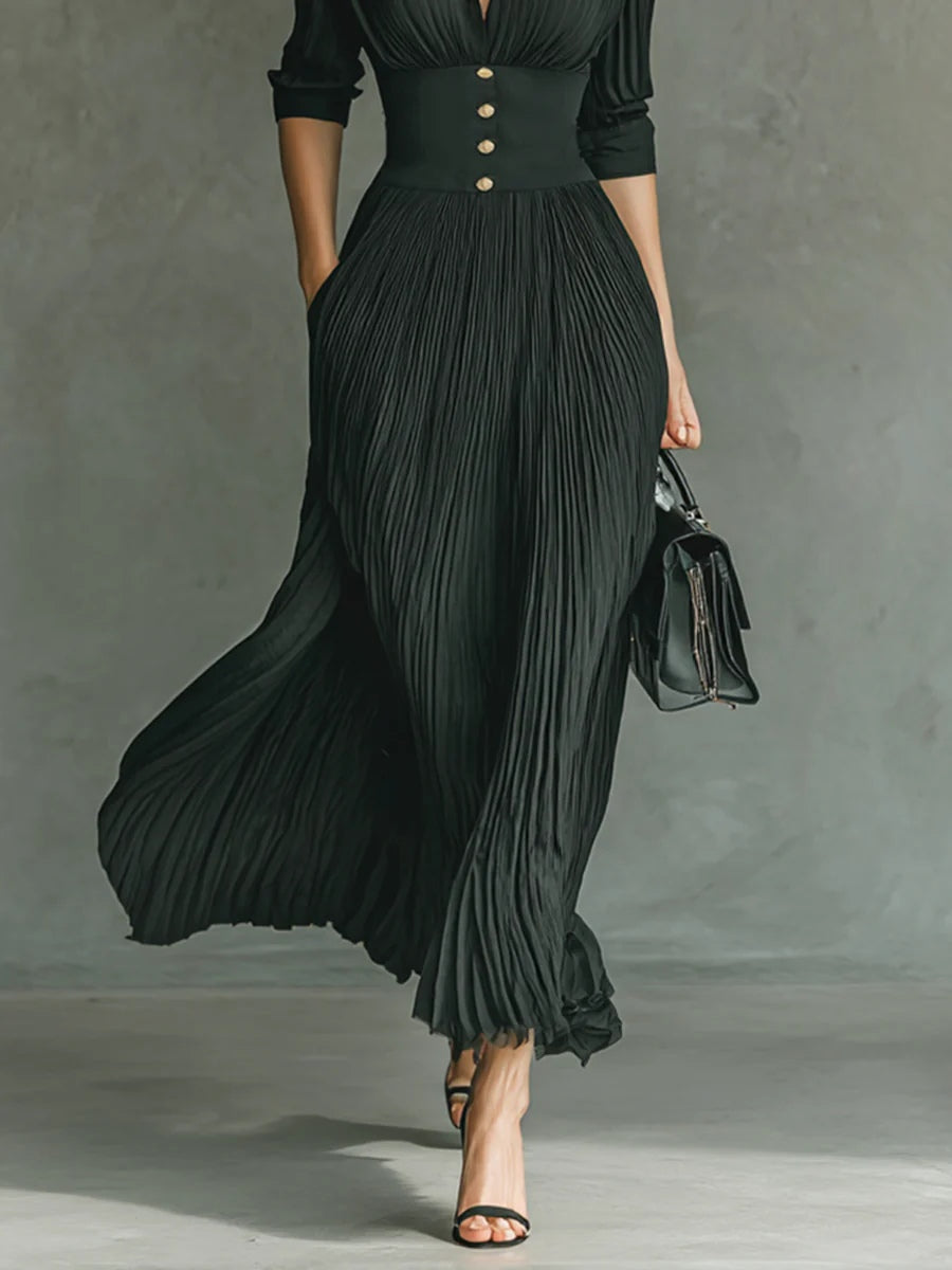 Women’s Pleated Maxi Dress – Button Front, Corset Waist