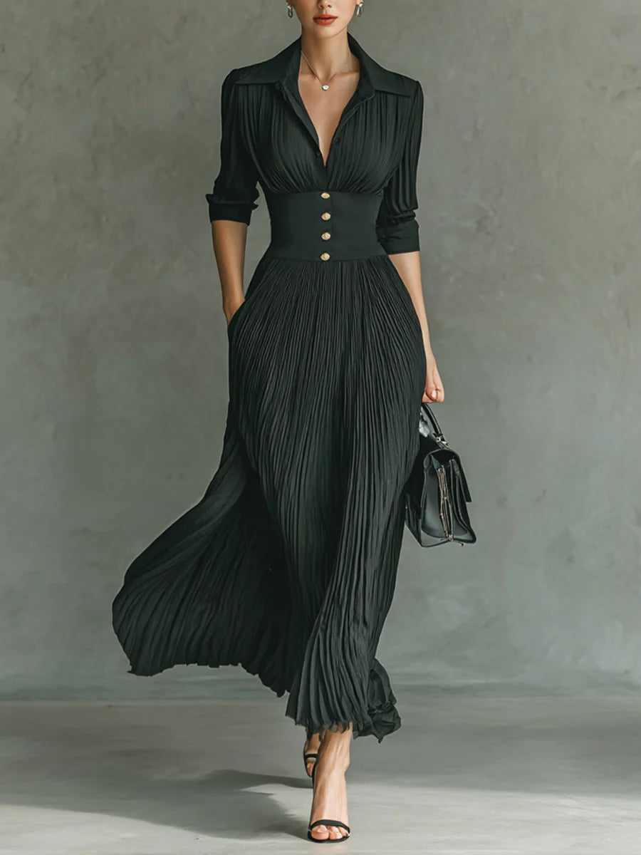 Women’s Pleated Maxi Dress – Button Front, Corset Waist