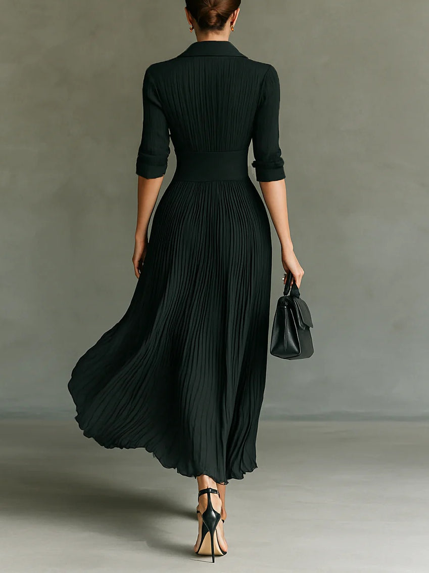 Women’s Pleated Maxi Dress – Button Front, Corset Waist