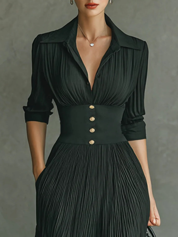 Women’s Pleated Maxi Dress – Button Front, Corset Waist