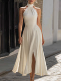 Women’s Halter Midi Dress – Pleated Neck, Front Slit