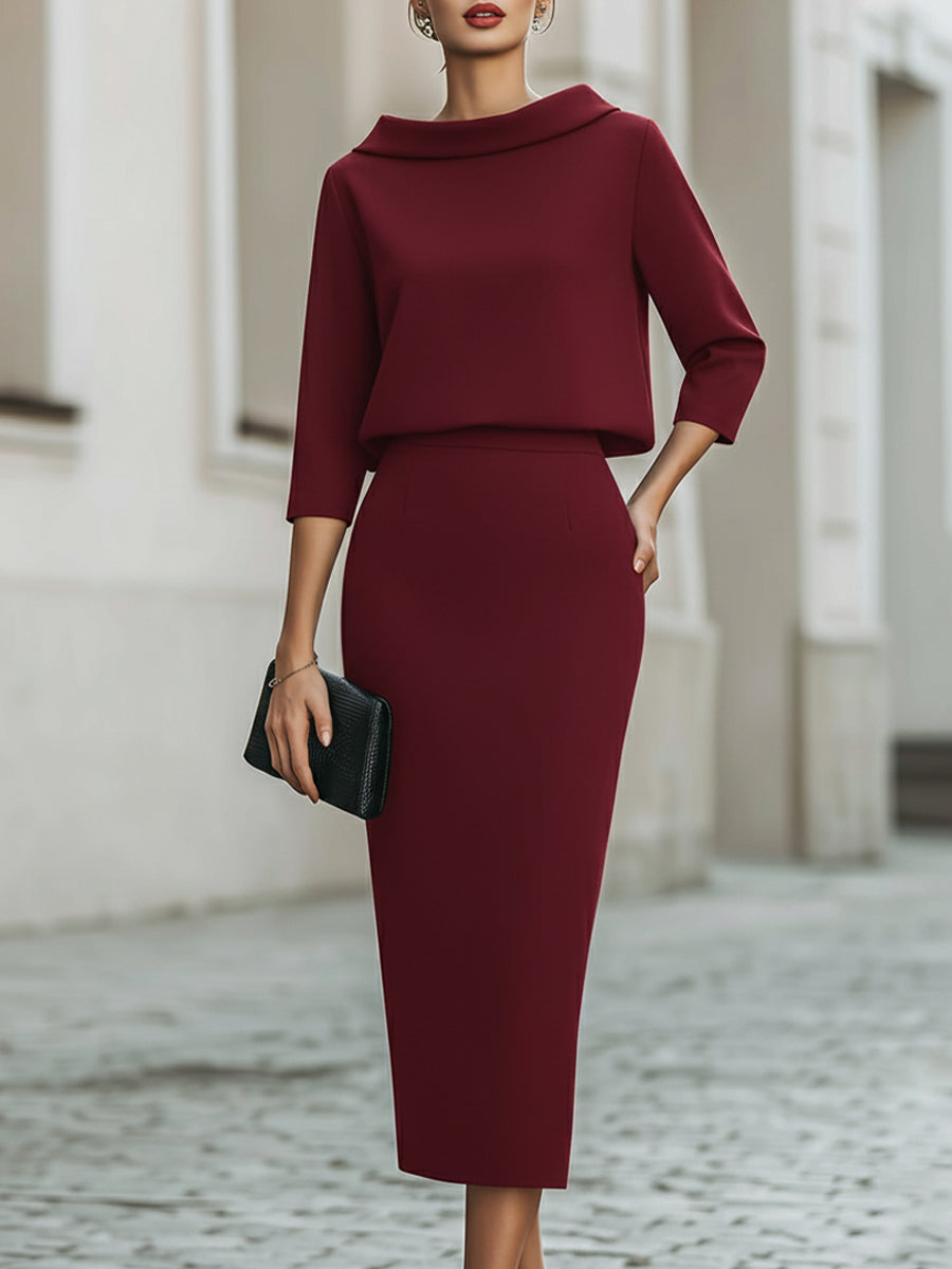 Women’s Skirt Set – Boat Neck Top, Midi Skirt
