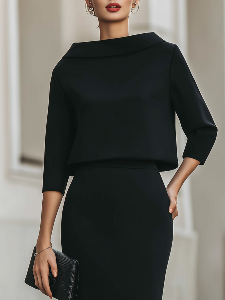 Women’s Skirt Set – Boat Neck Top, Midi Skirt