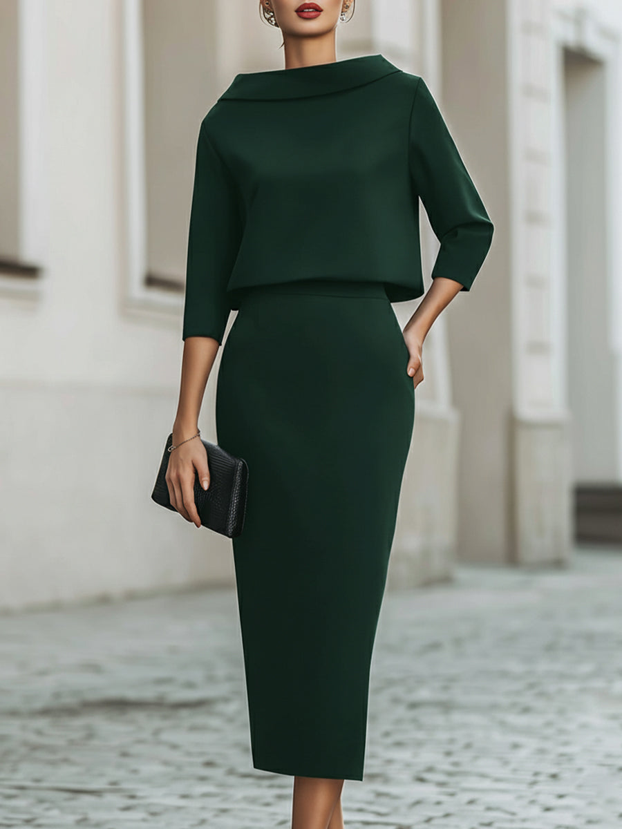 Women’s Skirt Set – Boat Neck Top, Midi Skirt