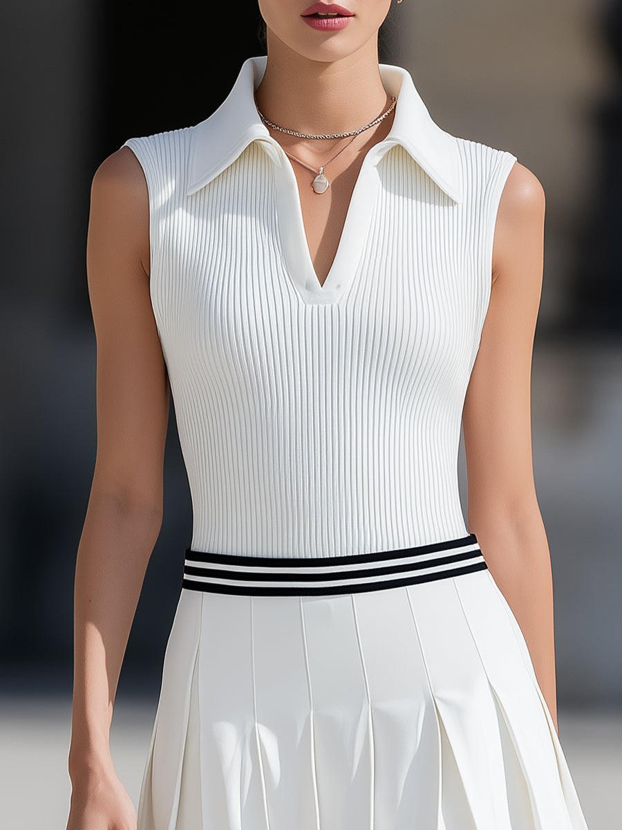 Women’s Pleated Mini Dress – Ribbed Knit, Sleeveless