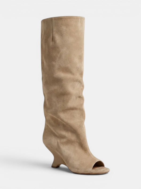 Women's Knee High Boots with Peep Toe and Sculpted Heel
