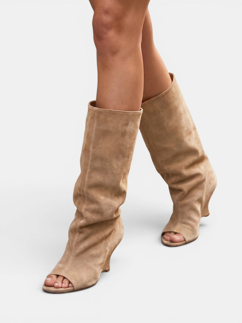 Women's Knee High Boots with Peep Toe and Sculpted Heel