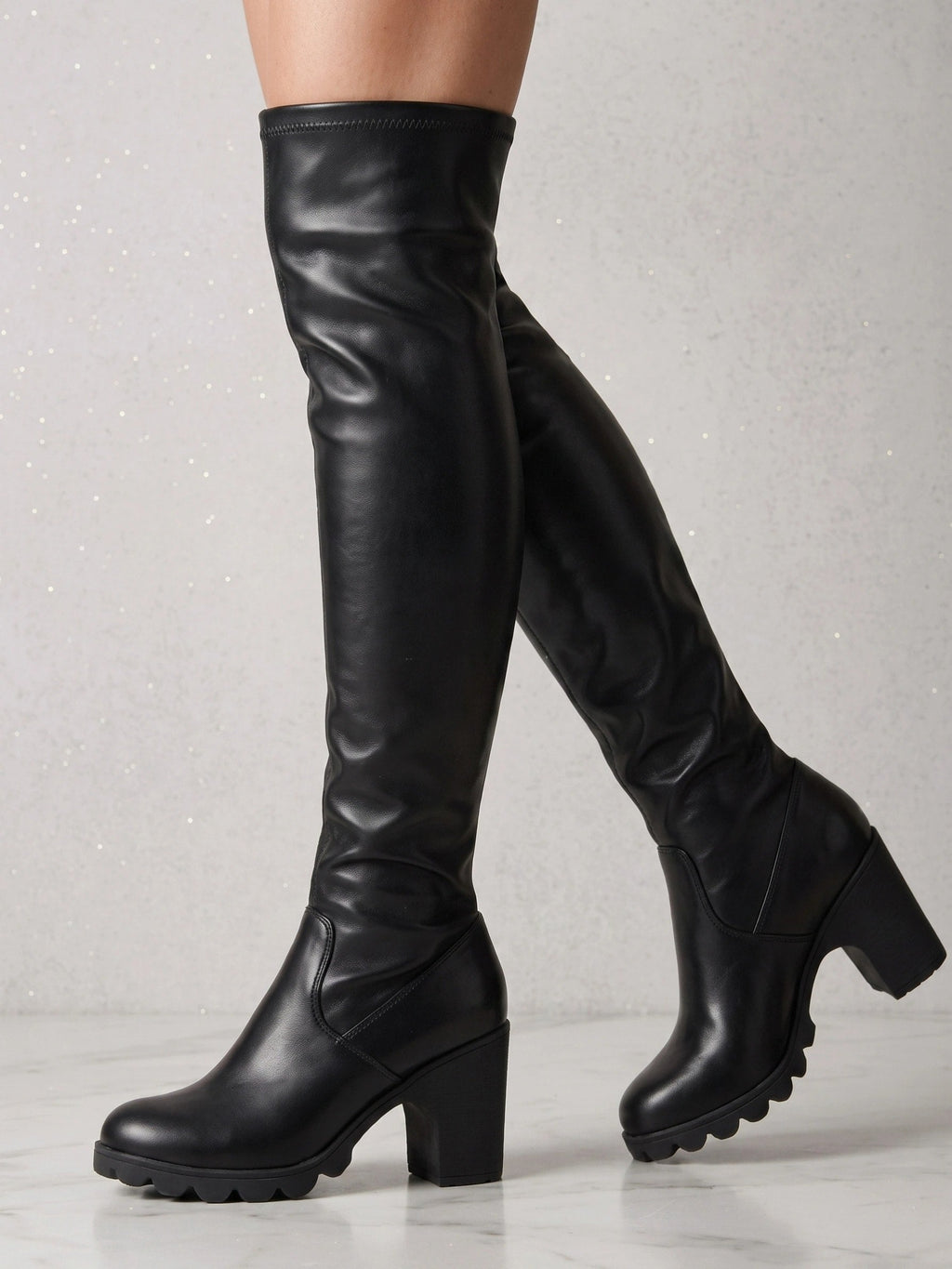 Women's Over the Knee Block Heel Boots with Stretch Upper and Lug Sole