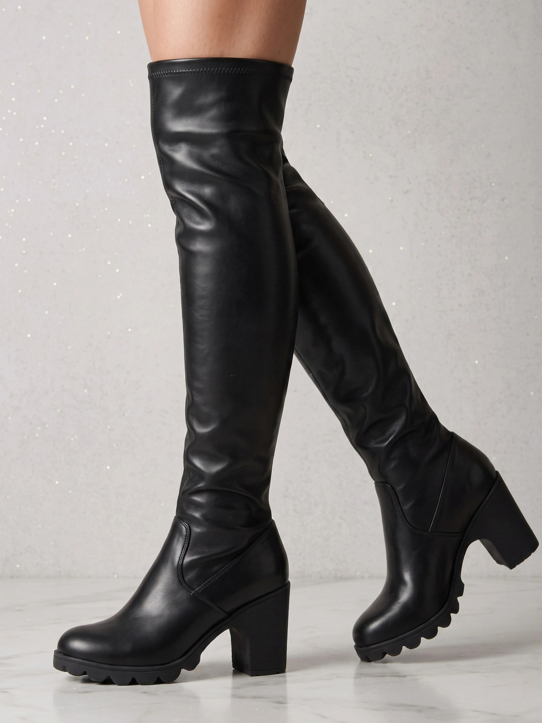 Women's Over the Knee Block Heel Boots with Stretch Upper and Lug Sole