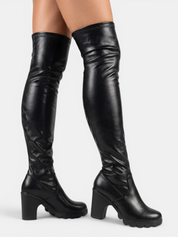 Women's Over the Knee Block Heel Boots with Stretch Upper and Lug Sole