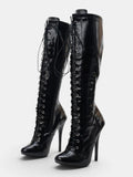 Women's Knee High Stiletto Boots with Lace Up Front and Pointed Toe