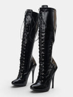 Women's Knee High Stiletto Boots with Lace Up Front and Pointed Toe