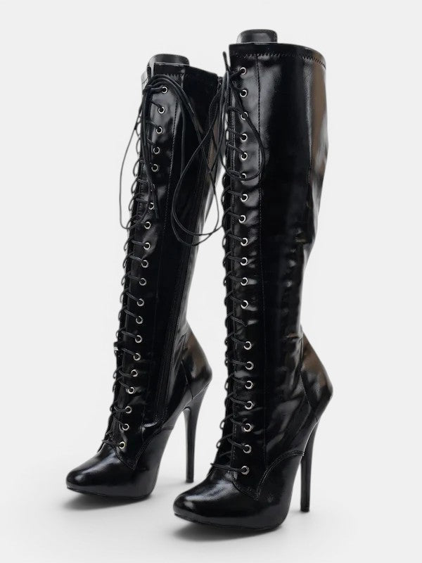 Women's Knee High Stiletto Boots with Lace Up Front and Pointed Toe