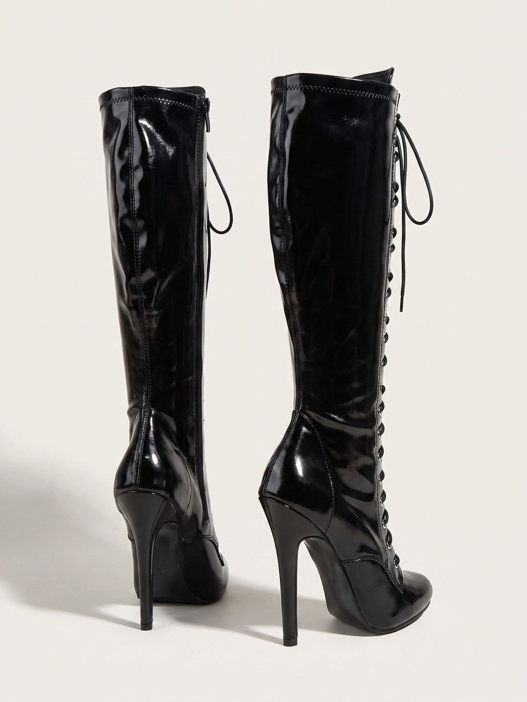 Women's Knee High Stiletto Boots with Lace Up Front and Pointed Toe