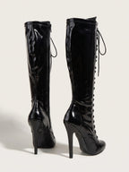 Women's Knee High Stiletto Boots with Lace Up Front and Pointed Toe